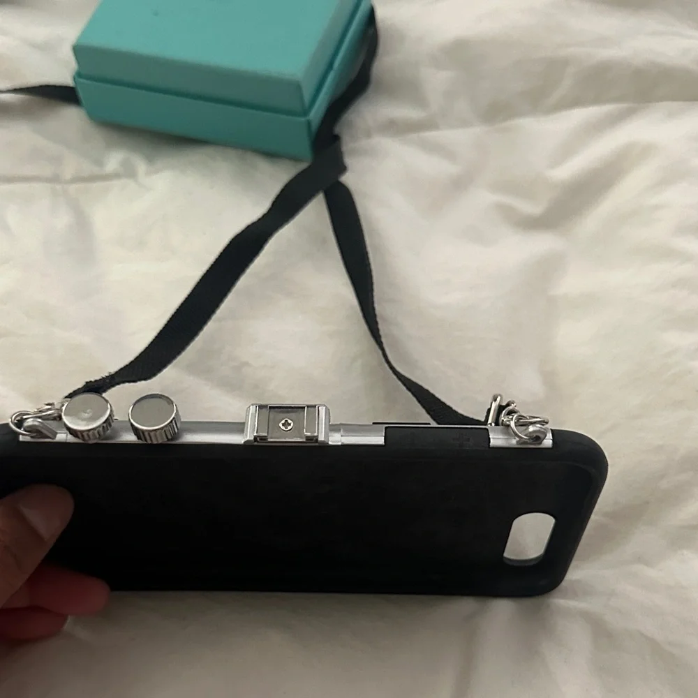 Vintage-Inspired Black Camera Phone Case with Teal Pop